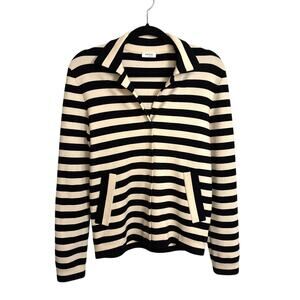 Akris Punto Knit Jacket Womens 8 Black Cream Striped Wool Button Front Collared